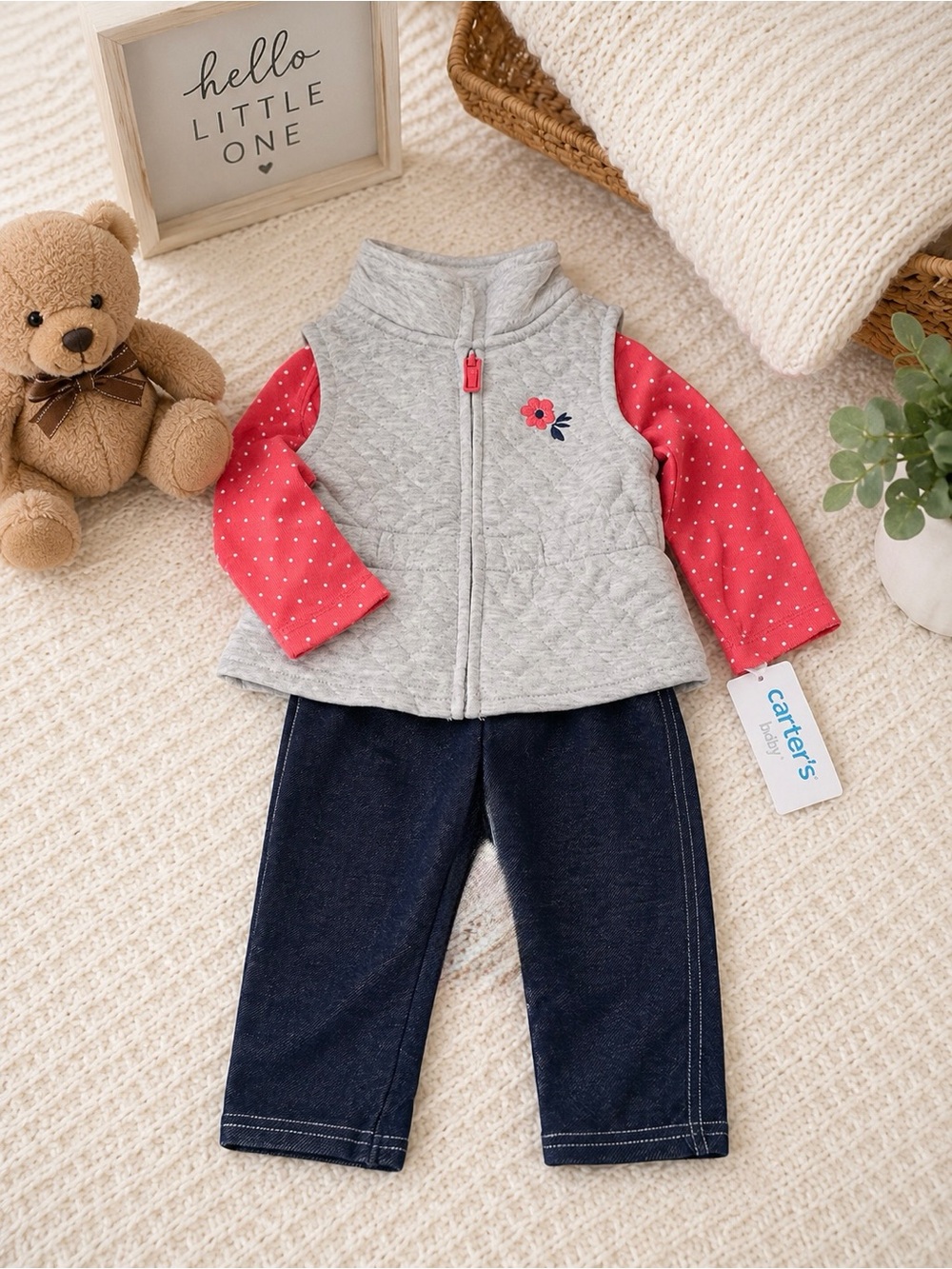 NWT Carter's Baby Girls 3 Pc Outfit Set Gray Quilted Vest Shirt Pants 9M